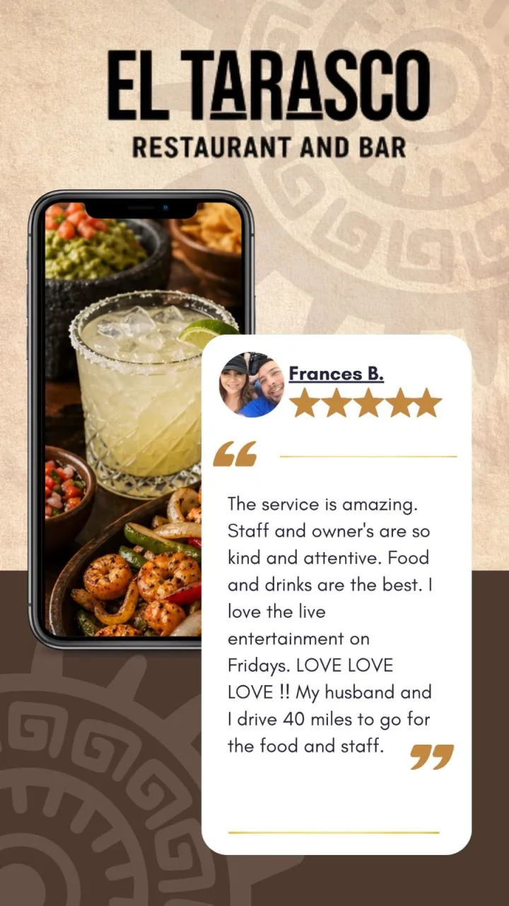Five-star guest review from Frances B.: The service is amazing. Staff and owners are so kind and attentive. Food and drinks are the best. My husband and I drive 40 miles for the food and staff.