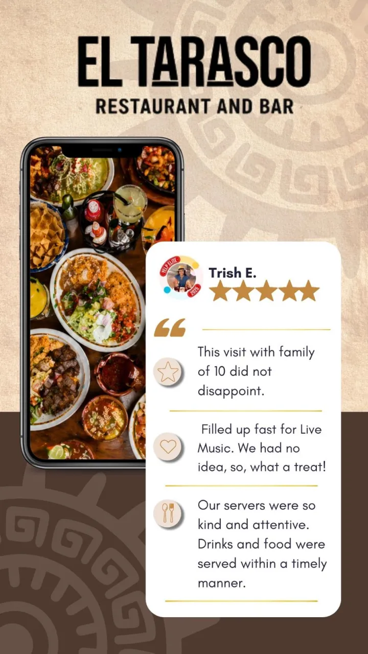 Five-star guest review from Trish E.: This visit with family of 10 did not disappoint. Filled up fast for live music. Our servers were so kind and attentive.