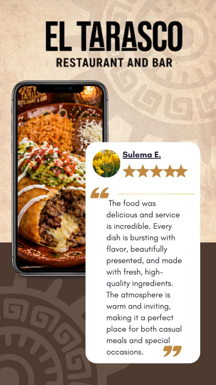 Five-star guest review from Sulema E.: The food was delicious and service is incredible. Every dish is bursting with flavor and made with fresh, high-quality ingredients.